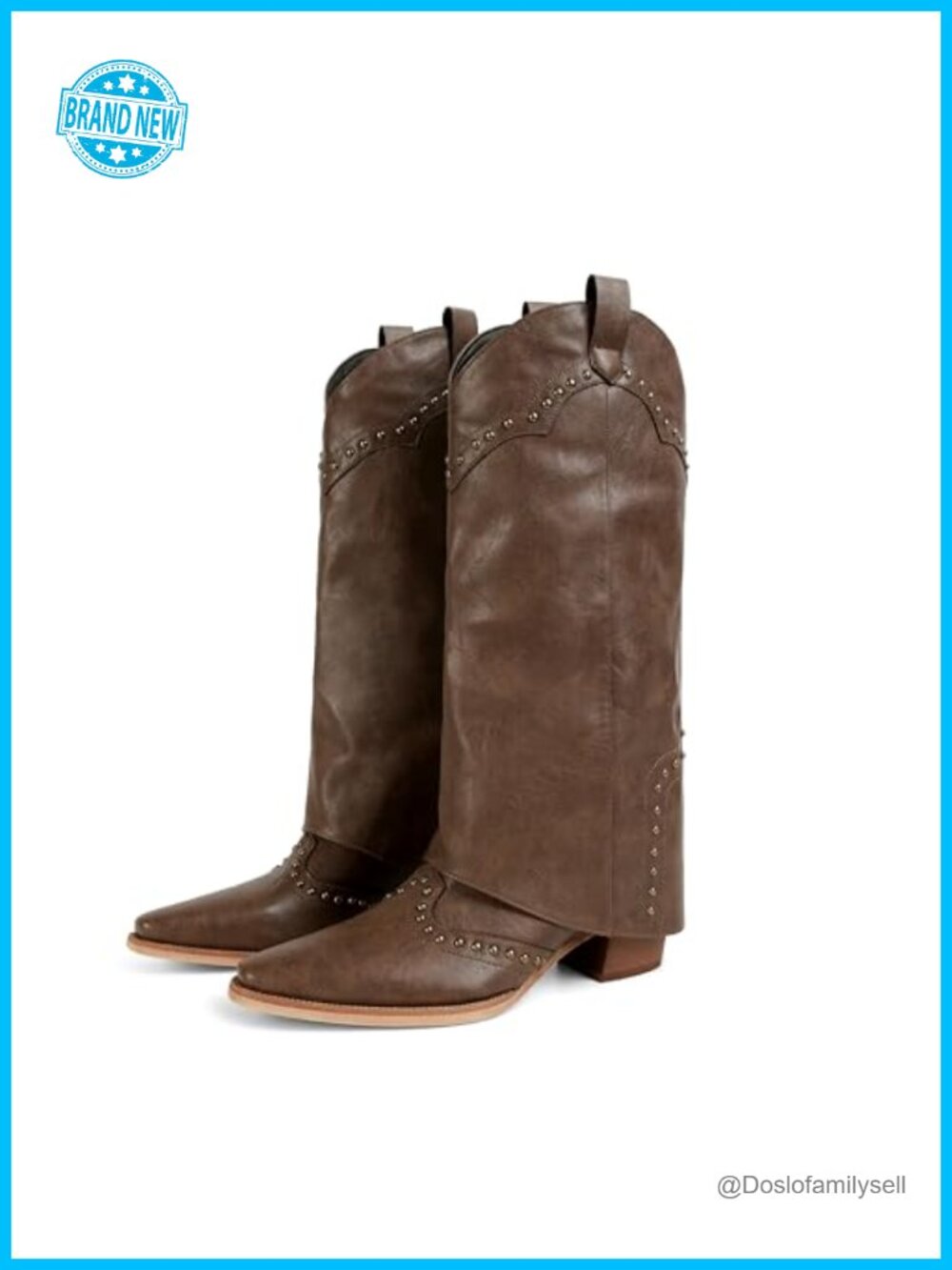 Studded Fold Over Mid Calf Chunky Heel Cowboy Boots Pull On